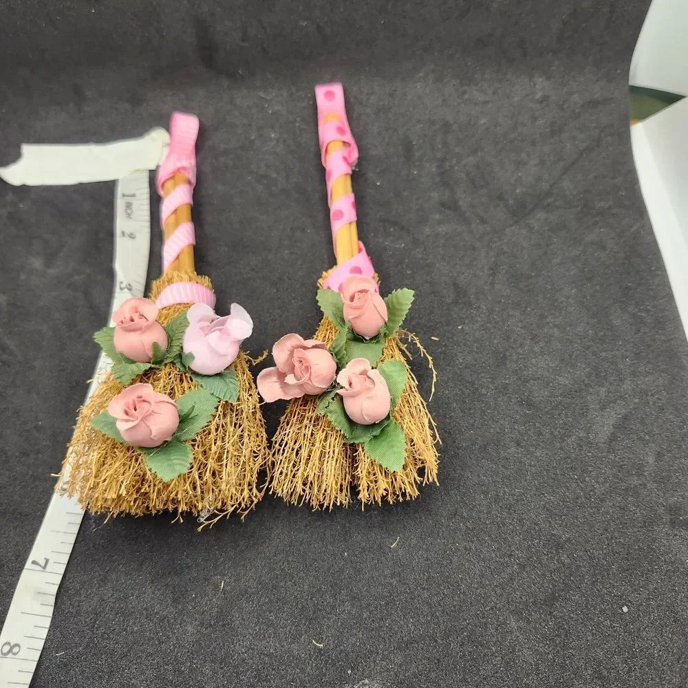 Hand Crafted Set of 2 Decorative Mini Brooms with Pink Roses